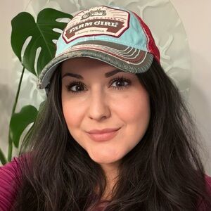FARM GIRL Trucker Cap Aqua Red Gray Tractor Patch Adjustable Mesh Back Hat